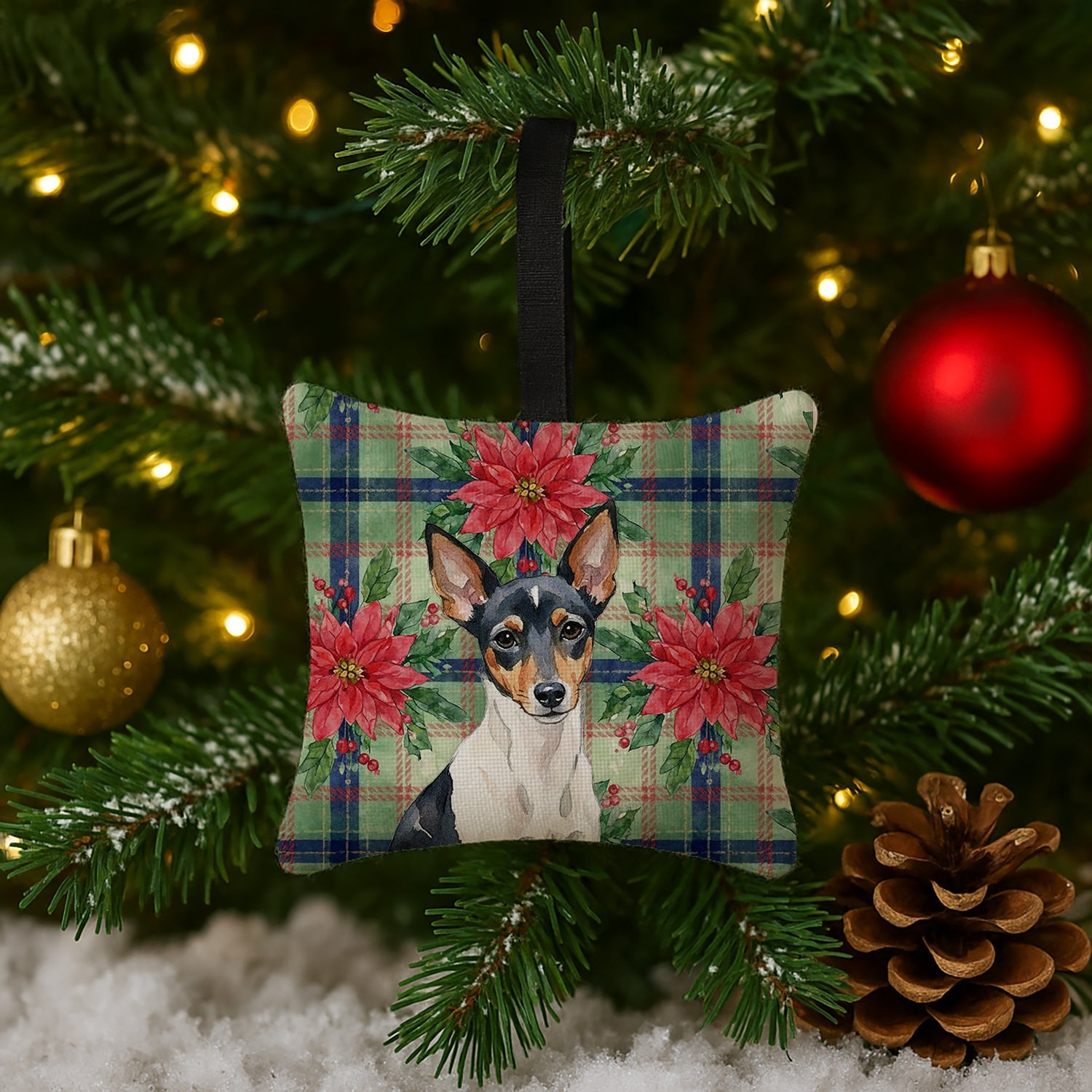 Toy Fox Terrier Christmas PoinsettIas Hanging Square Fabric Ornament 3.5 � 3.5 Decorative Door-Knob & Tree Hanger, Soft Fabric