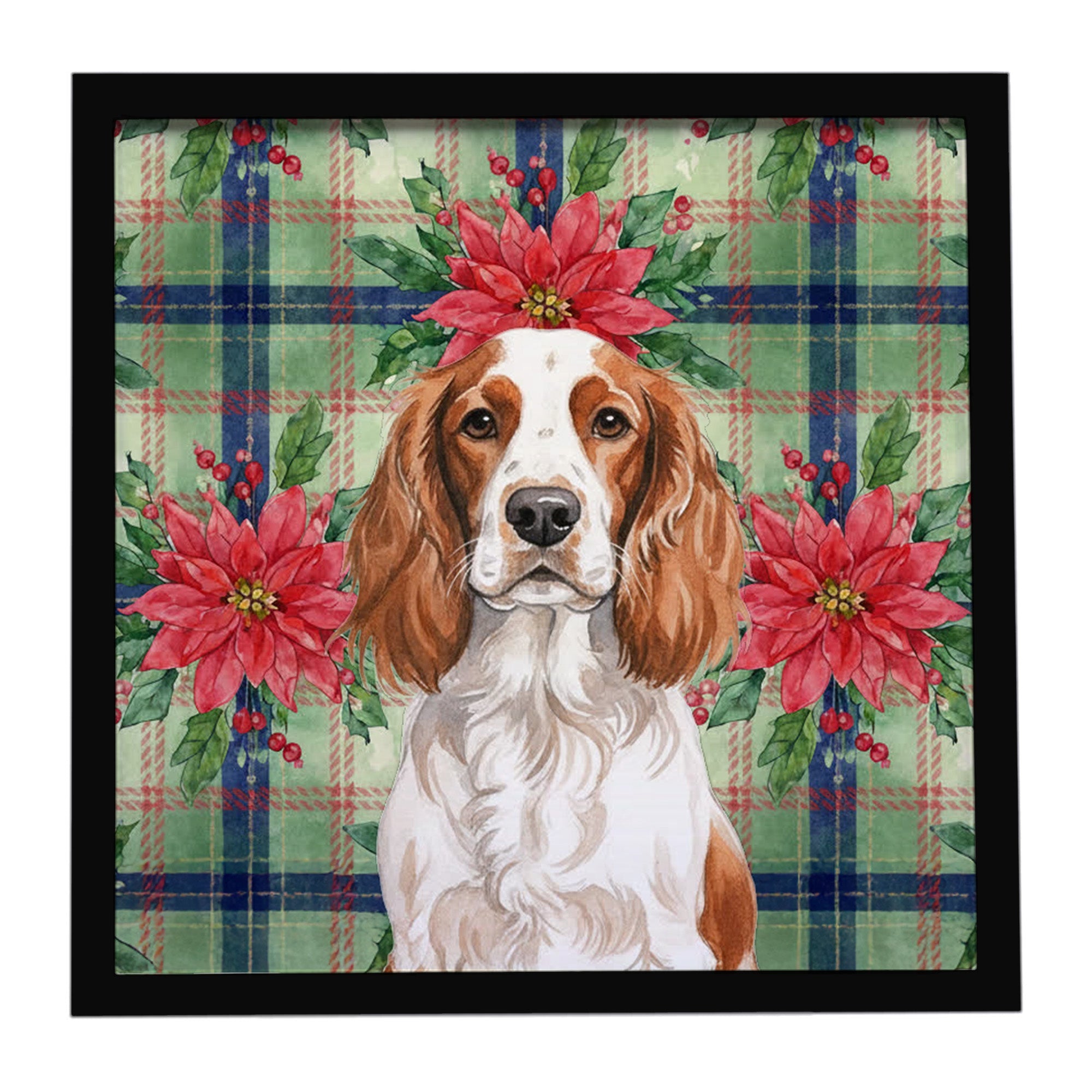 Welsh Springer Spaniel Christmas PoinsettIas Framed Metal Print Bathroom, Kitchen, Office, Home Decor Wall Art Ready to Hang, Square, 8X8