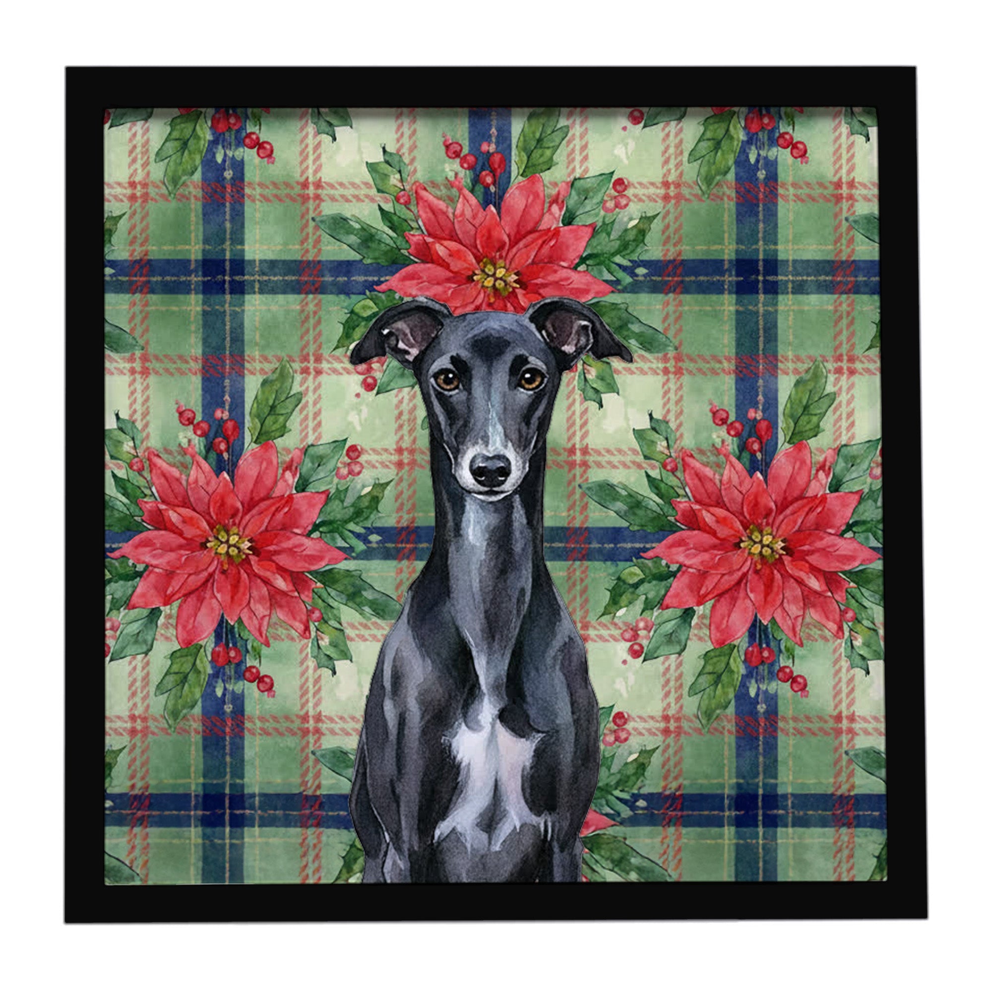 Black Whippet Christmas PoinsettIas Framed Metal Print Bathroom, Kitchen, Office, Home Decor Wall Art Ready to Hang, Square, 8X8