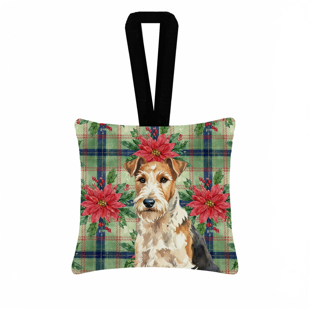 Wire Fox Terrier Christmas PoinsettIas Hanging Square Fabric Ornament 3.5 � 3.5 Decorative Door-Knob & Tree Hanger, Soft Fabric
