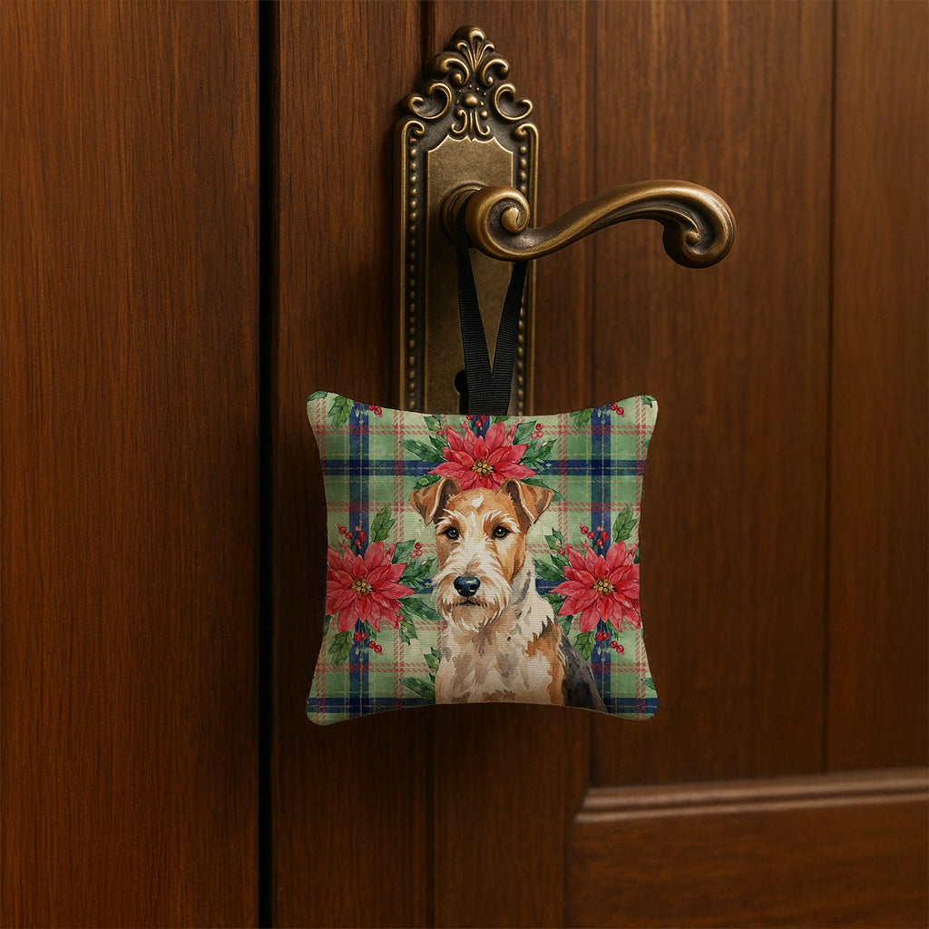 Wire Fox Terrier Christmas PoinsettIas Hanging Square Fabric Ornament 3.5 � 3.5 Decorative Door-Knob & Tree Hanger, Soft Fabric