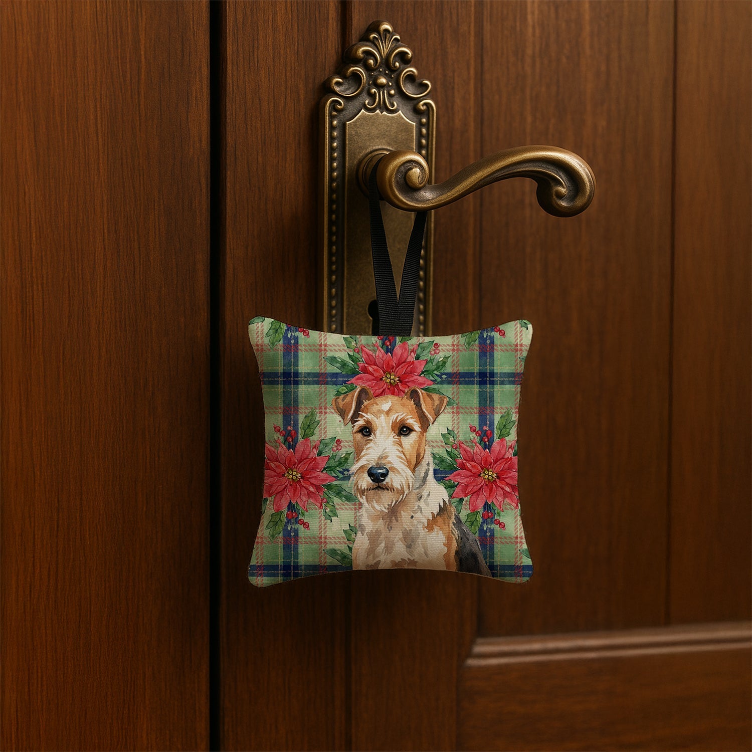 Wire Fox Terrier Christmas PoinsettIas Hanging Square Fabric Ornament 3.5 � 3.5 Decorative Door-Knob & Tree Hanger, Soft Fabric