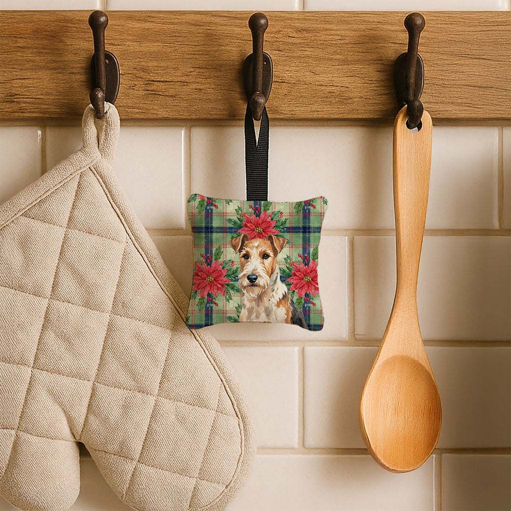Wire Fox Terrier Christmas PoinsettIas Hanging Square Fabric Ornament 3.5 � 3.5 Decorative Door-Knob & Tree Hanger, Soft Fabric