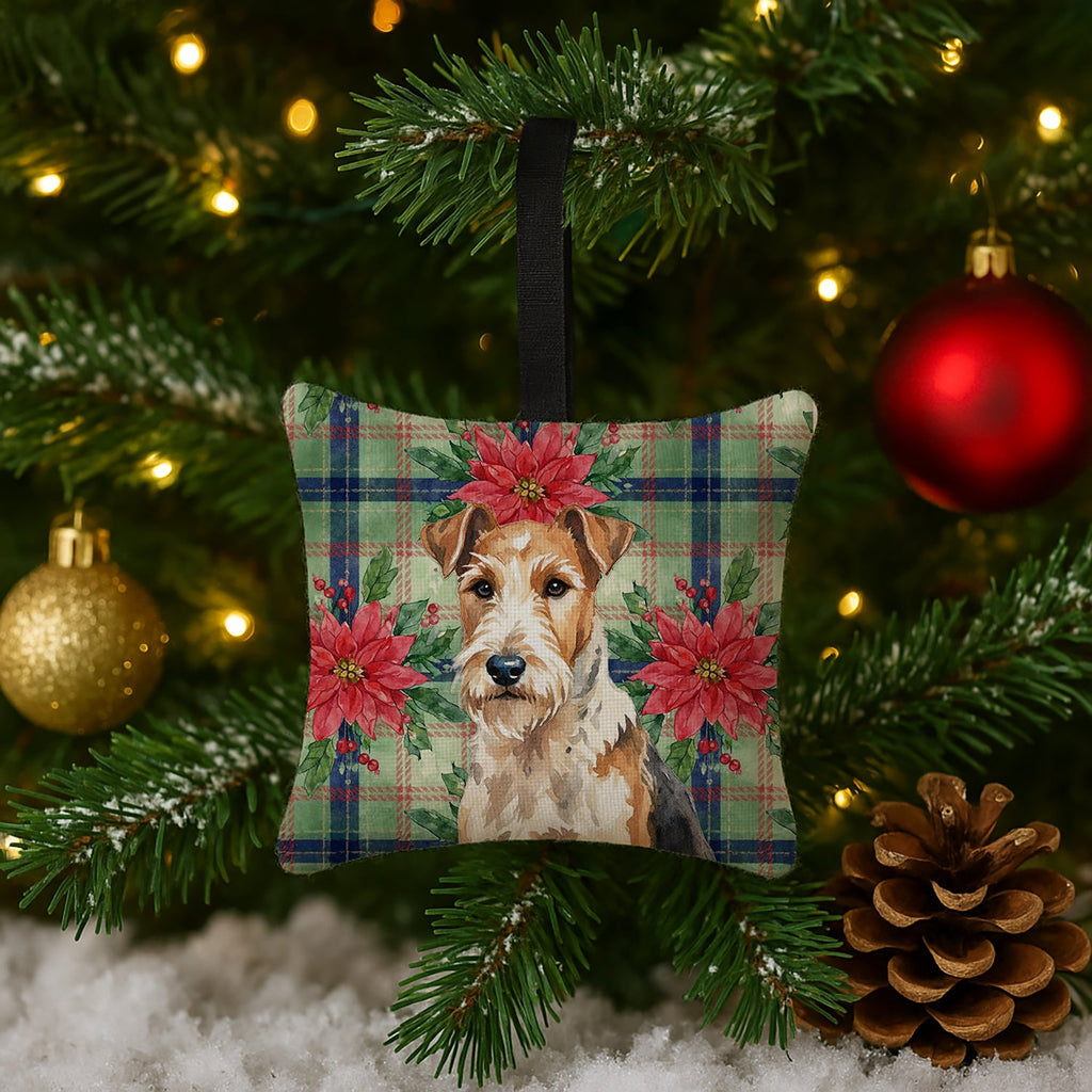 Wire Fox Terrier Christmas PoinsettIas Hanging Square Fabric Ornament 3.5 � 3.5 Decorative Door-Knob & Tree Hanger, Soft Fabric