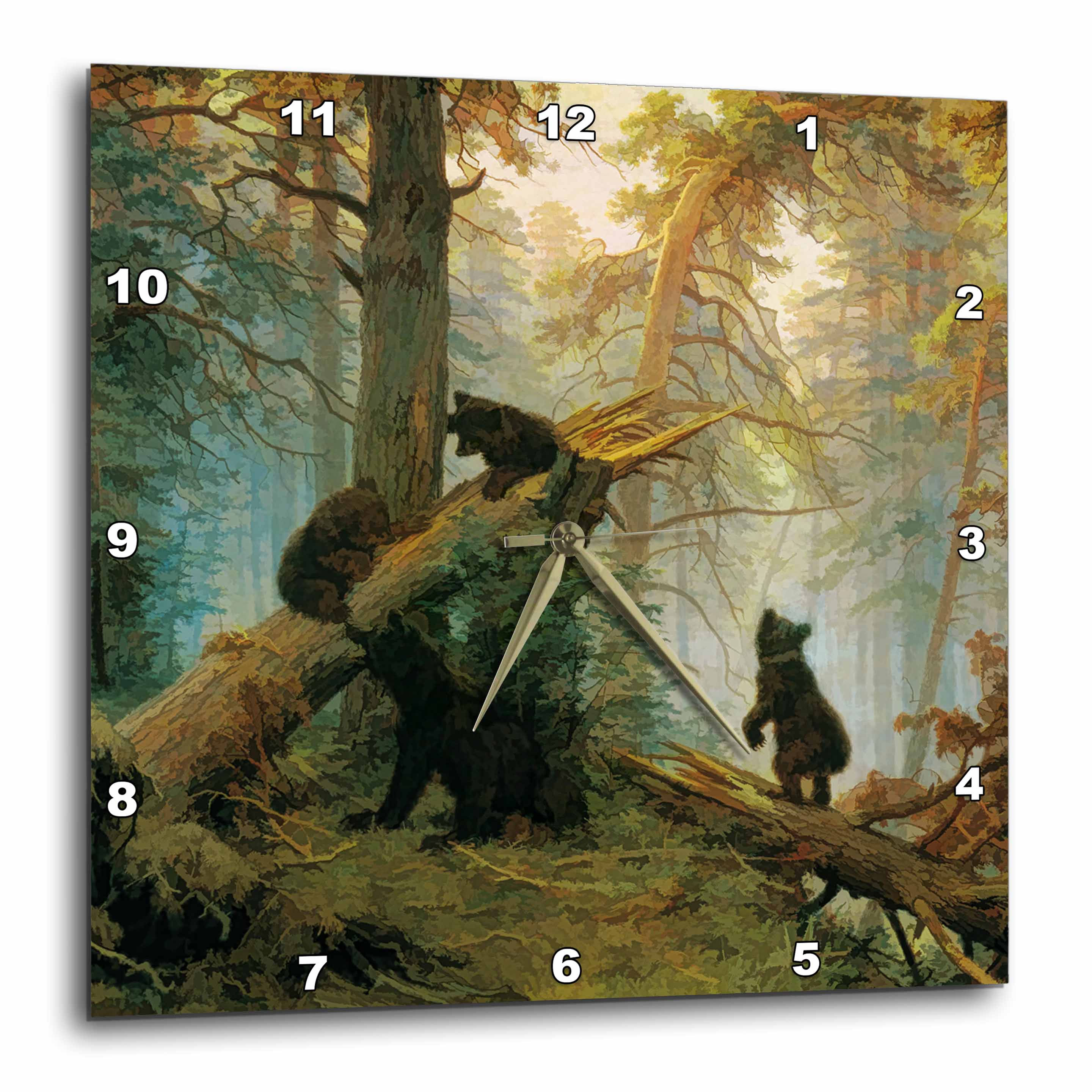 3dRose Doreen Erhardt Vintage Collection - Vintage 1889 Bear Painting by Ivan Shishkin Morning in a Pine Forest - Wall Clocks (DPP_52267)