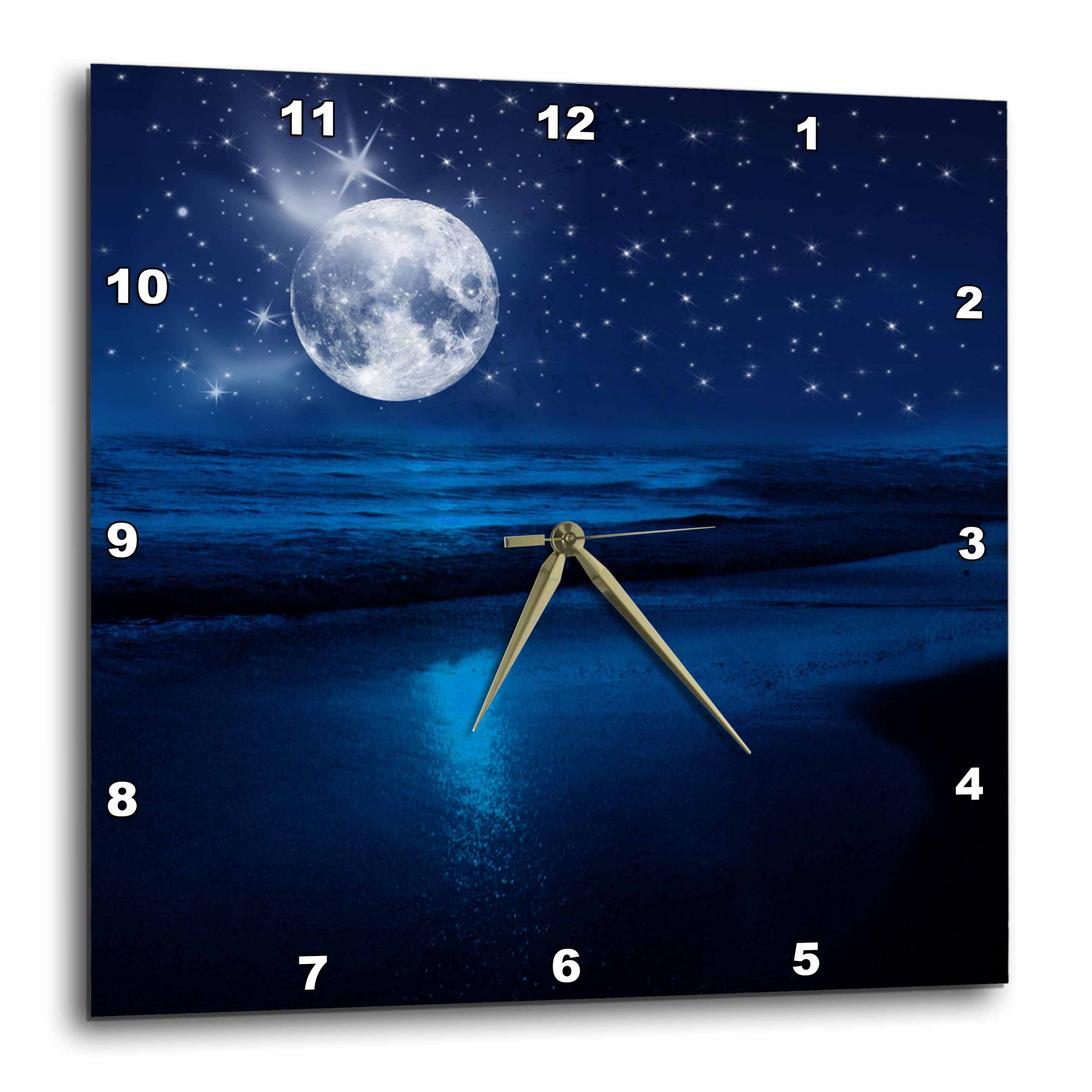 3dRose Doreen Erhardt Inspirational - Full Moon Shining in a Starry Sky on The Beach Where The Ocean Meets Land. - Wall Clocks (DPP_79424)