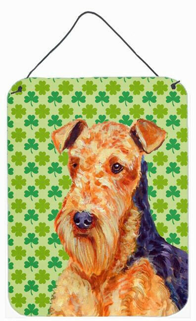Airedale St. Patrick's Day Shamrock Portrait Wall or Door Hanging Prints Aluminum Metal Sign Kitchen Wall Bar Bathroom Plaque Home Decor Front Door Plaque, 12x16, Multicolor