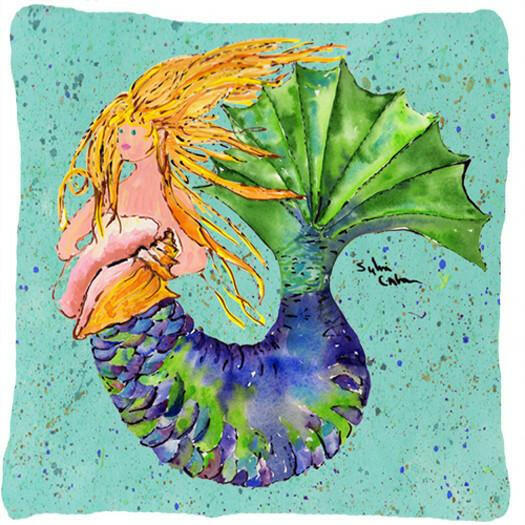 Blonde Mermaid on Teal Decorative Throw Pillow 14x14 Indoor Outdoor Accent Cushion, Fabric Cover with Insert for Sofa, Bed, Porch & Living Room
