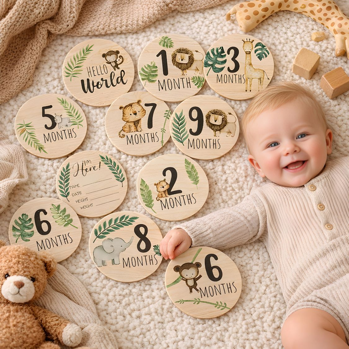 Wooden Baby Milestone Cards – Safari Jungle Theme | 7 Double-Sided Monthly Photo Props (Hello World to 1 Year)