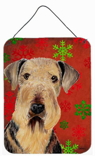 Airedale Red and Green Snowflakes Holiday Christmas Wall or Door Hanging Prints Aluminum Metal Sign Kitchen Wall Bar Bathroom Plaque Home Decor Front Door Plaque, 12x16, Multicolor