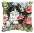 Black and White Cat in Poppies Decorative Throw Pillow 14x14 Indoor Outdoor Accent Cushion, Fabric Cover with Insert for Sofa, Bed, Porch & Living Room