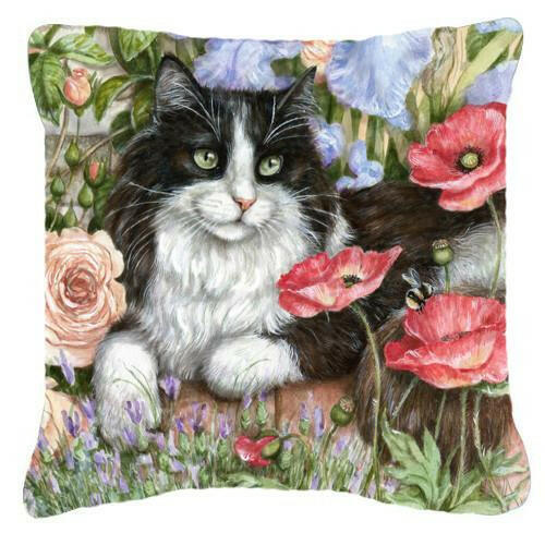Black and White Cat in Poppies Decorative Throw Pillow 14x14 Indoor Outdoor Accent Cushion, Fabric Cover with Insert for Sofa, Bed, Porch & Living Room