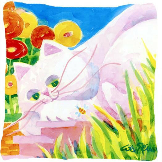White Cat Tea Time Decorative Throw Pillow 14x14 Indoor Outdoor Accent Cushion, Fabric Cover with Insert for Sofa, Bed, Porch & Living Room