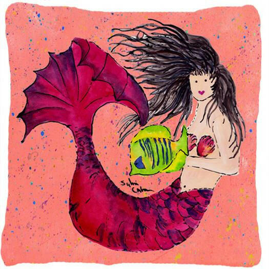 Black haired Mermaid on Red Decorative Throw Pillow 14x14 Indoor Outdoor Accent Cushion, Fabric Cover with Insert for Sofa, Bed, Porch & Living Room