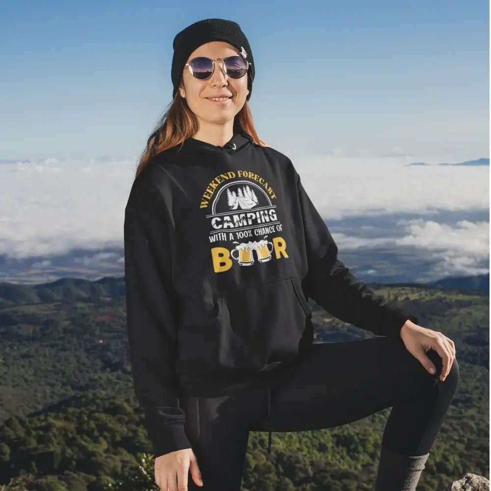 Weekend Forecast, Camping with 100% Beer Adult Women Fleece Hoodie